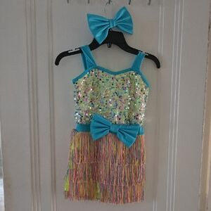 Colorful Sequin Kids Dance Costume with Blue Bows